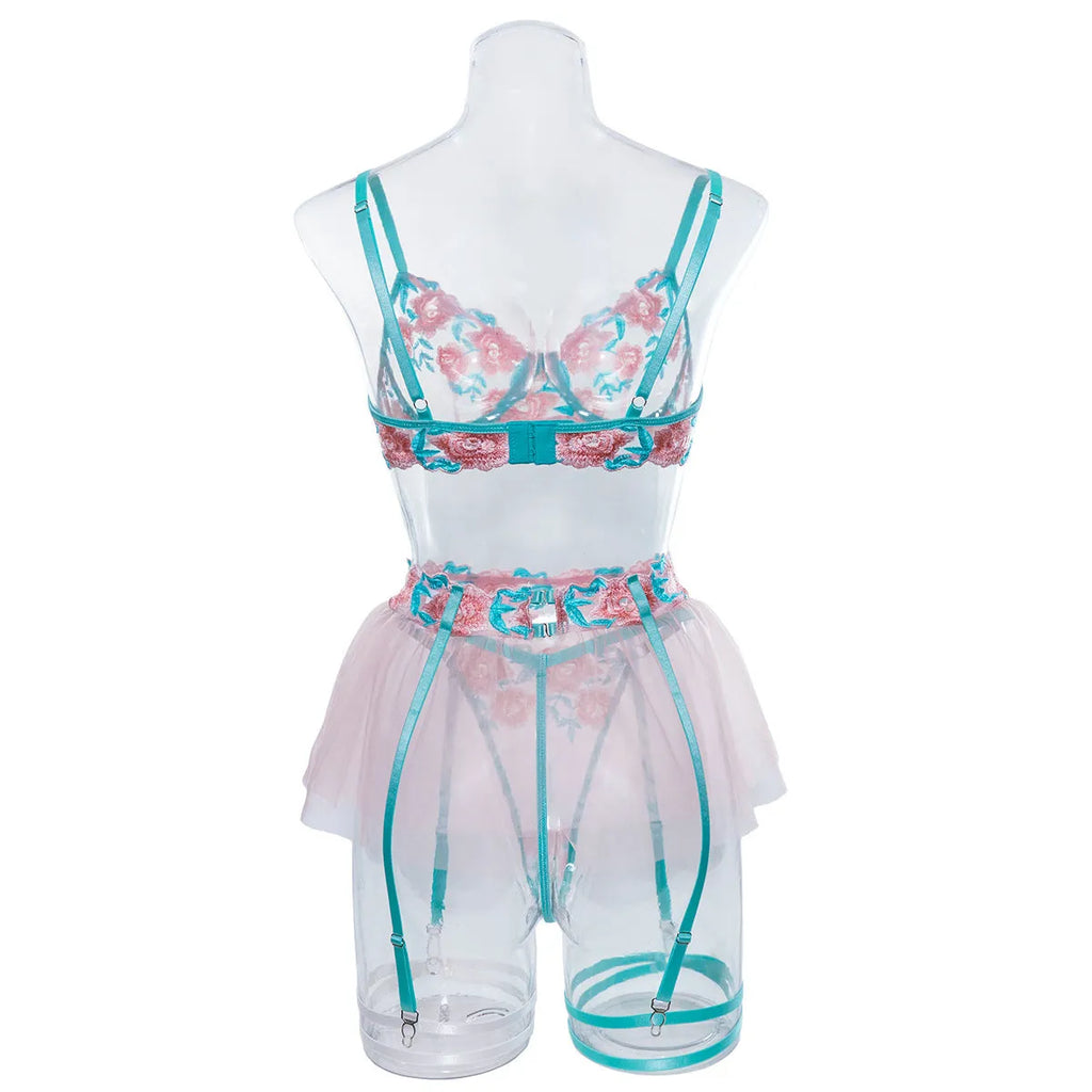 Women's pink embroidery mesh pettiskirt suit set with matching high-waisted bikini top