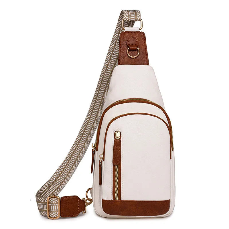 Soft brown PU women's crossbody messenger bag with an open front pocket and visible stitching.