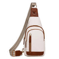 Soft brown PU women's crossbody messenger bag with an open front pocket and visible stitching.