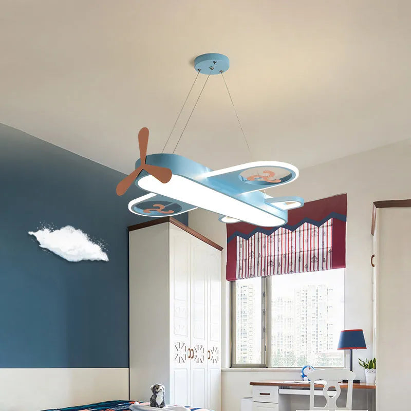 Children's room plane light LED cartoon chandelier in blue with three-colour dimming, 55cm diameter, iron and aluminum alloy