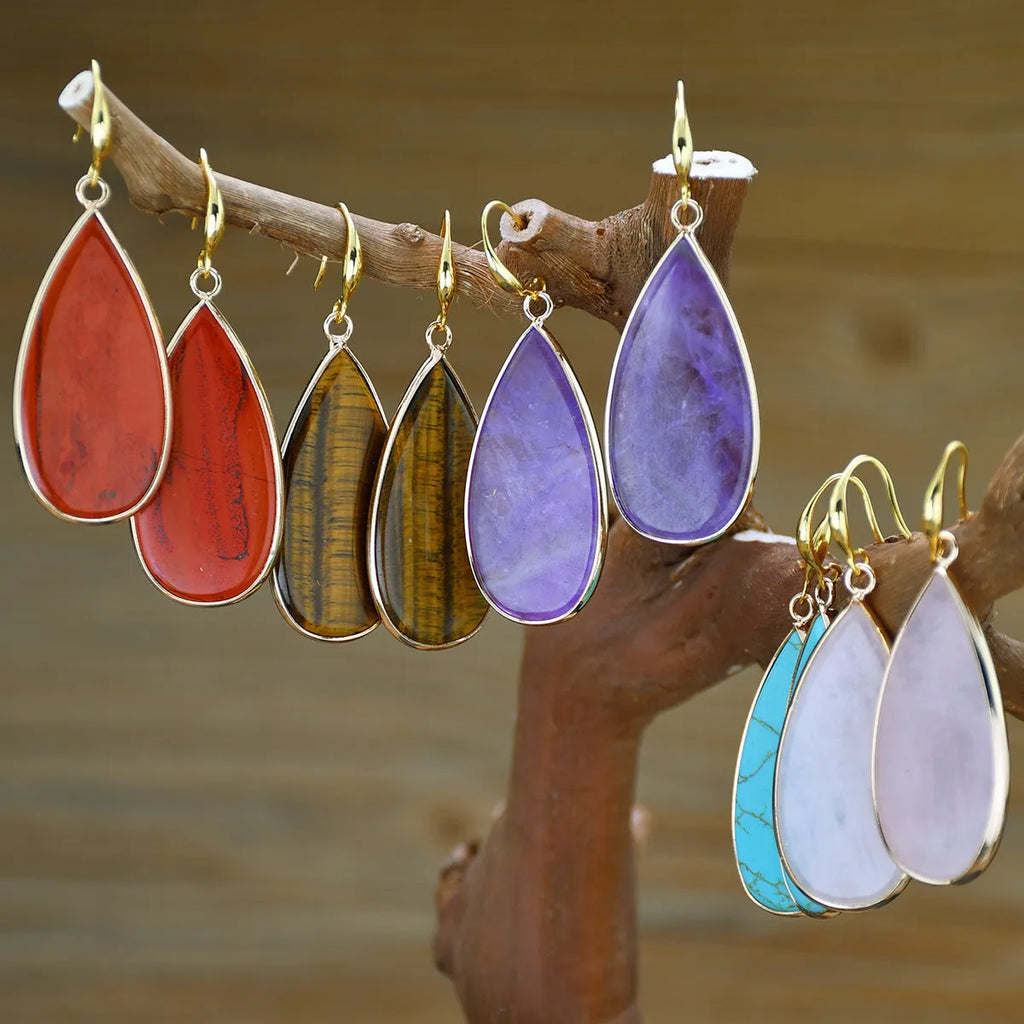 Vintage long drop earrings with tigereye stone in water drop silhouette