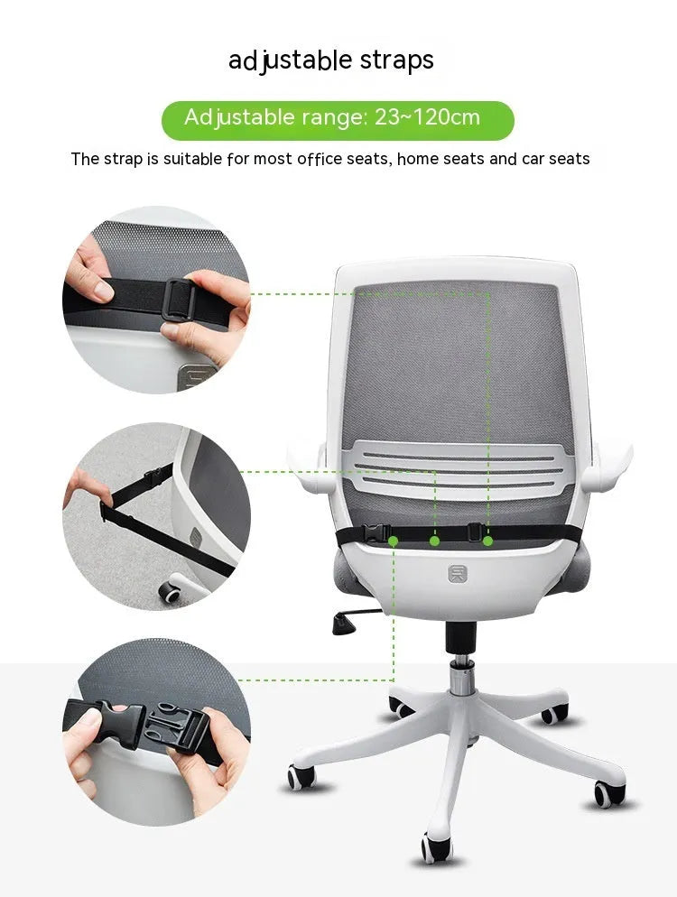 Memory foam lumbar cushion with straps on an office chair, shown in grey colour.