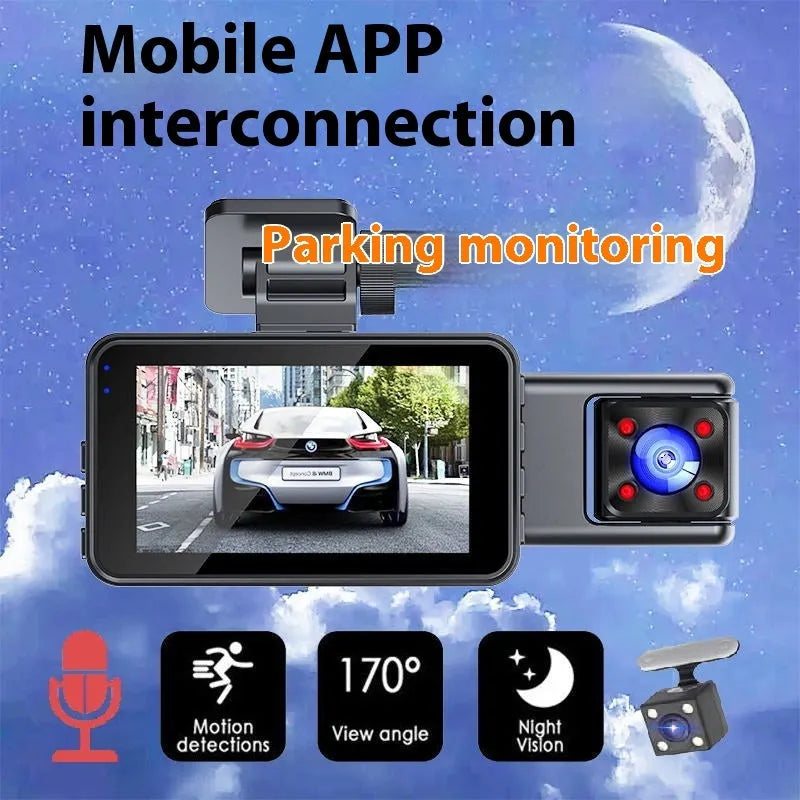 Black 3 lens video driving recorder for car windscreen with 3-inch screen