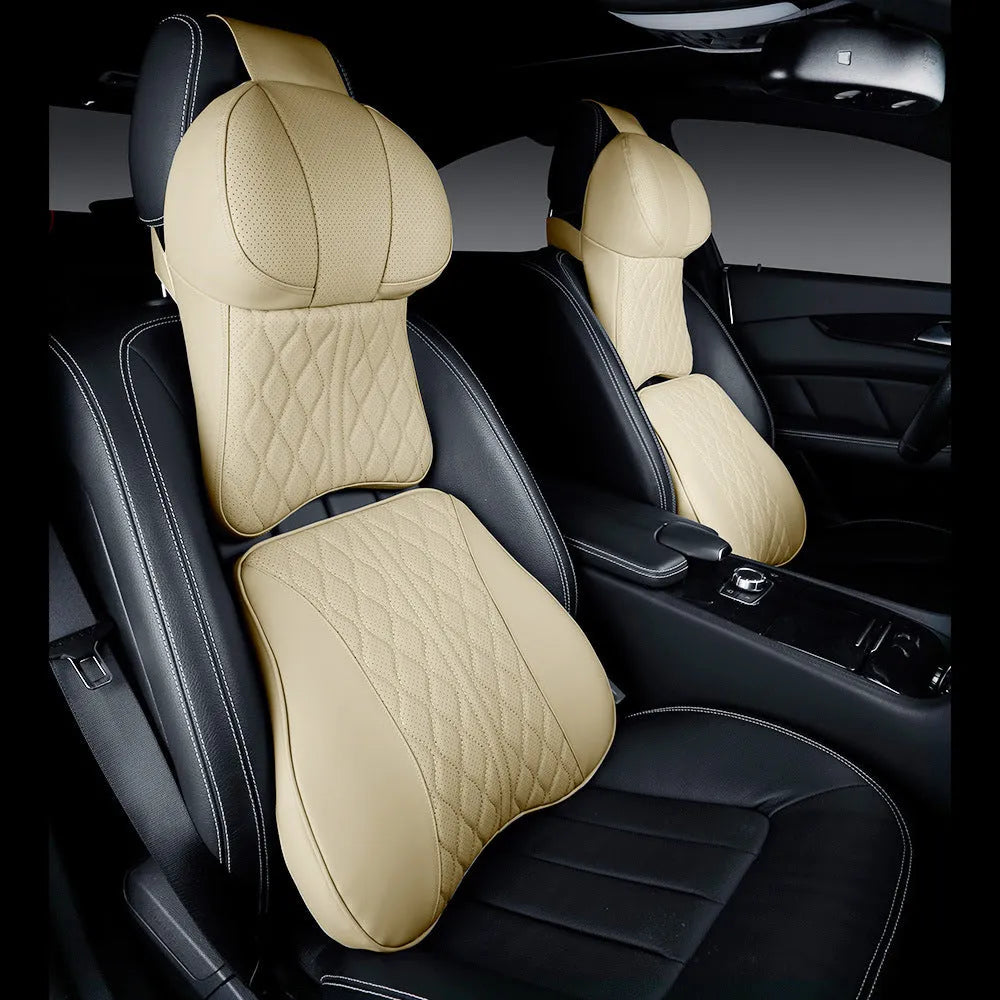 Car neck pillow and lumbar support set with wavy pattern embroidery on leather-look finish