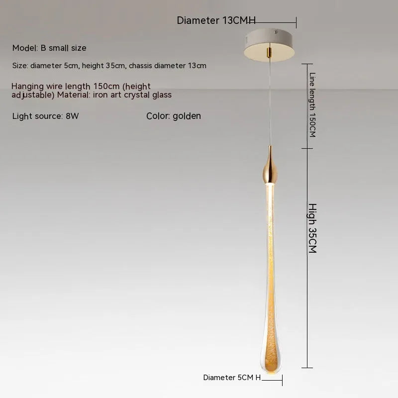 Drop-shaped glass chandelier ceiling lamp with crystal design, 600mm overall size, LED warm light option
