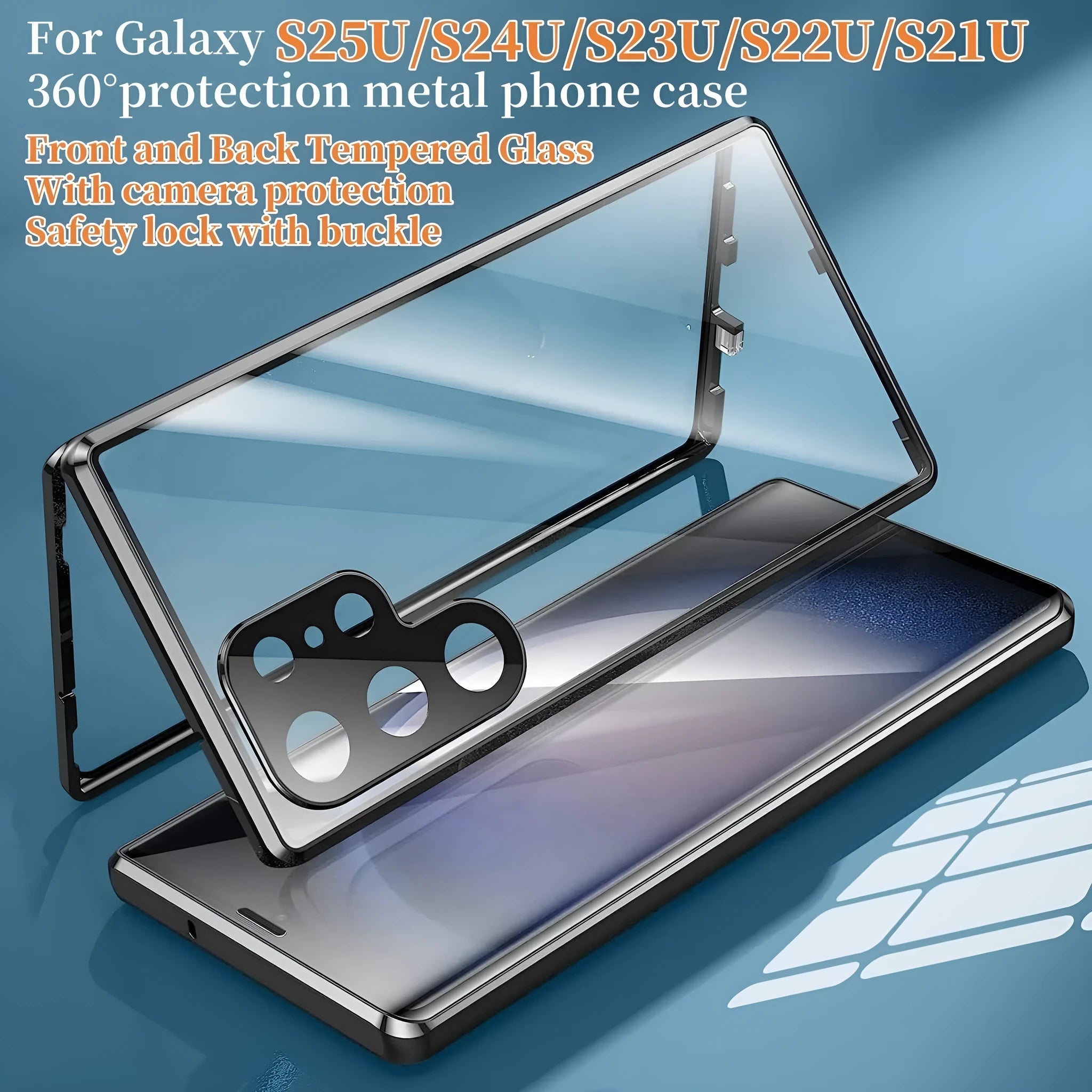 Magnetic King HD metal magnetic buckle phone case for Samsung S25 series in black, aluminium alloy glass