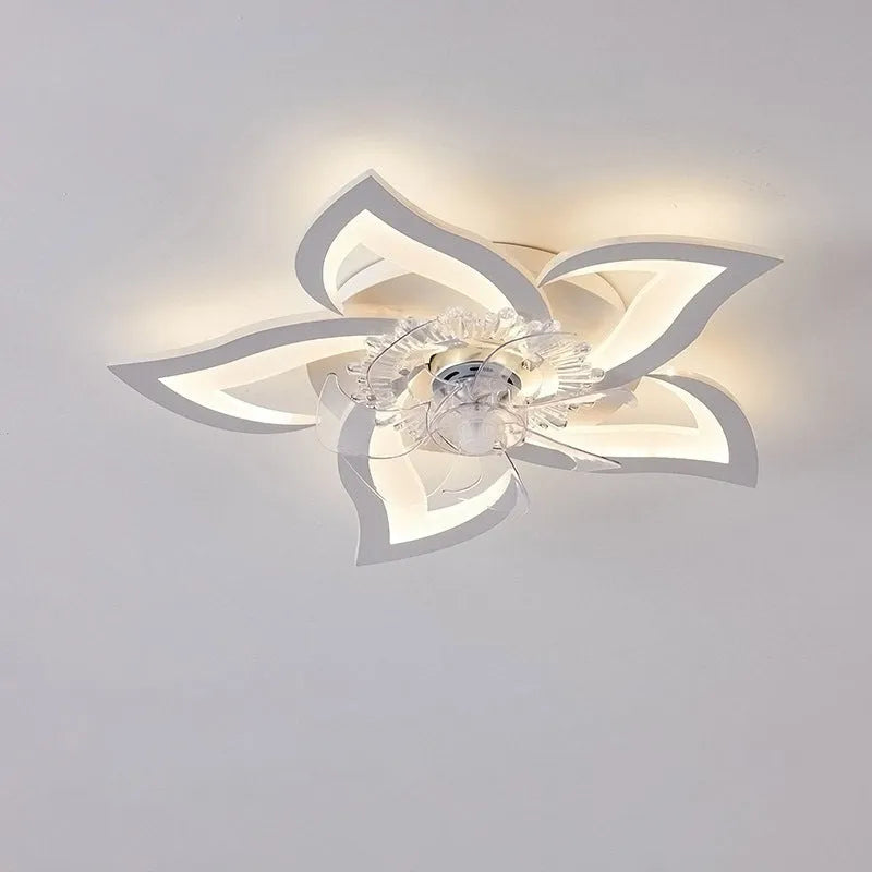 Modern white ceiling fan light with six-blade design and integrated light fitting on a room ceiling.