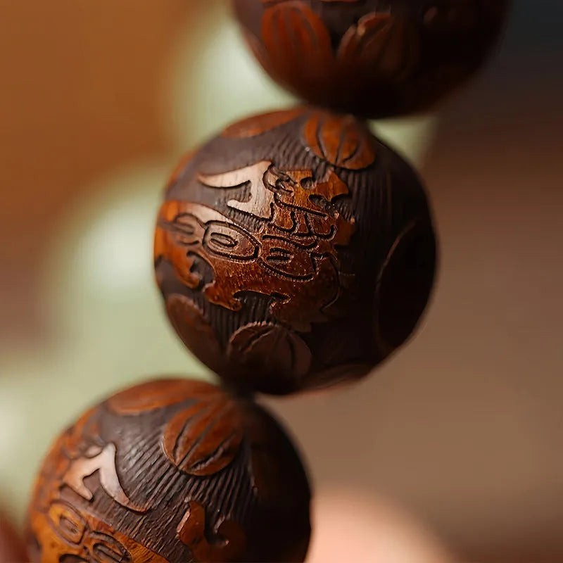 Rosewood bracelet with amass fortunes fu character carving and 20mm wooden beads