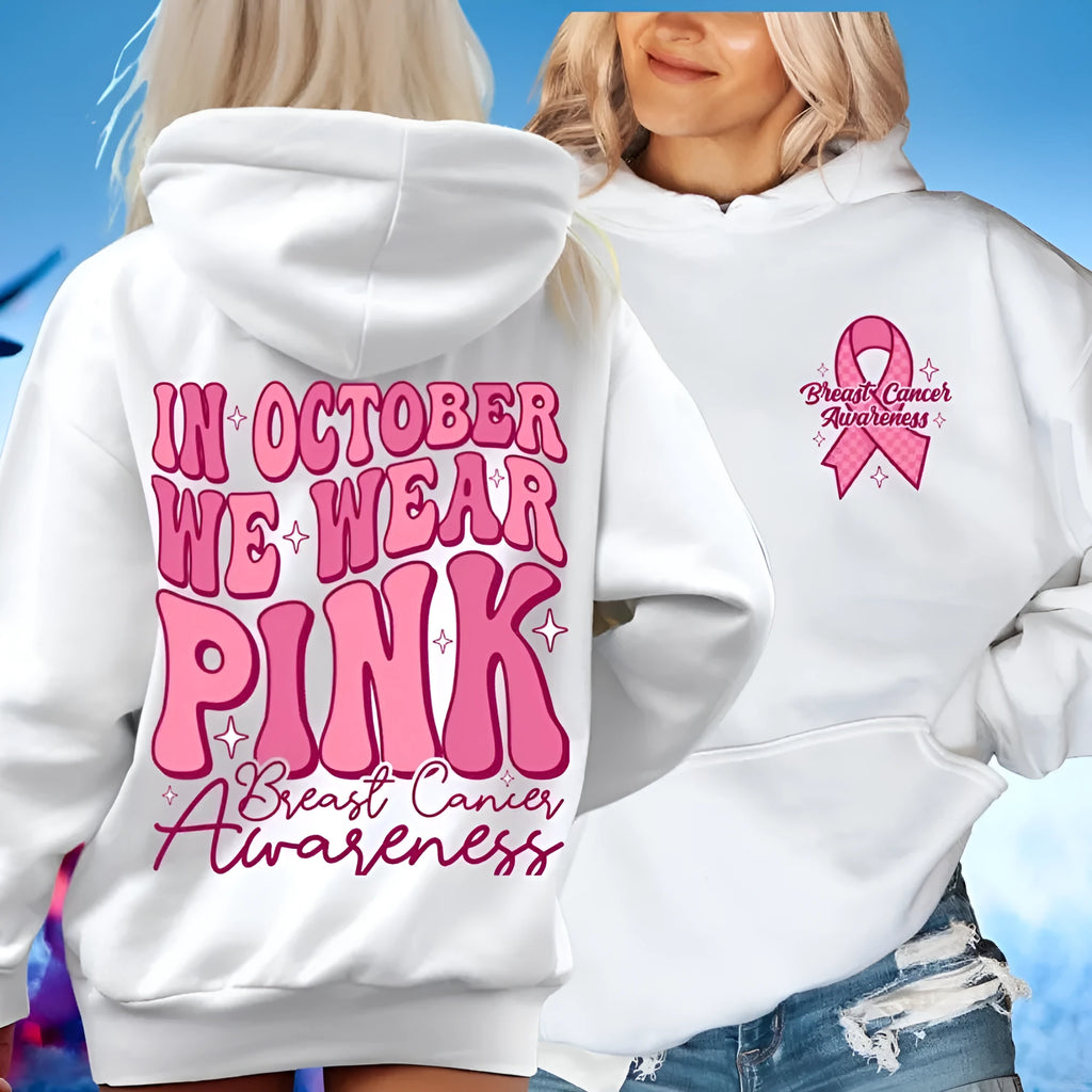 Women's pink breast cancer awareness pullover hoodie with side pockets and retro art design