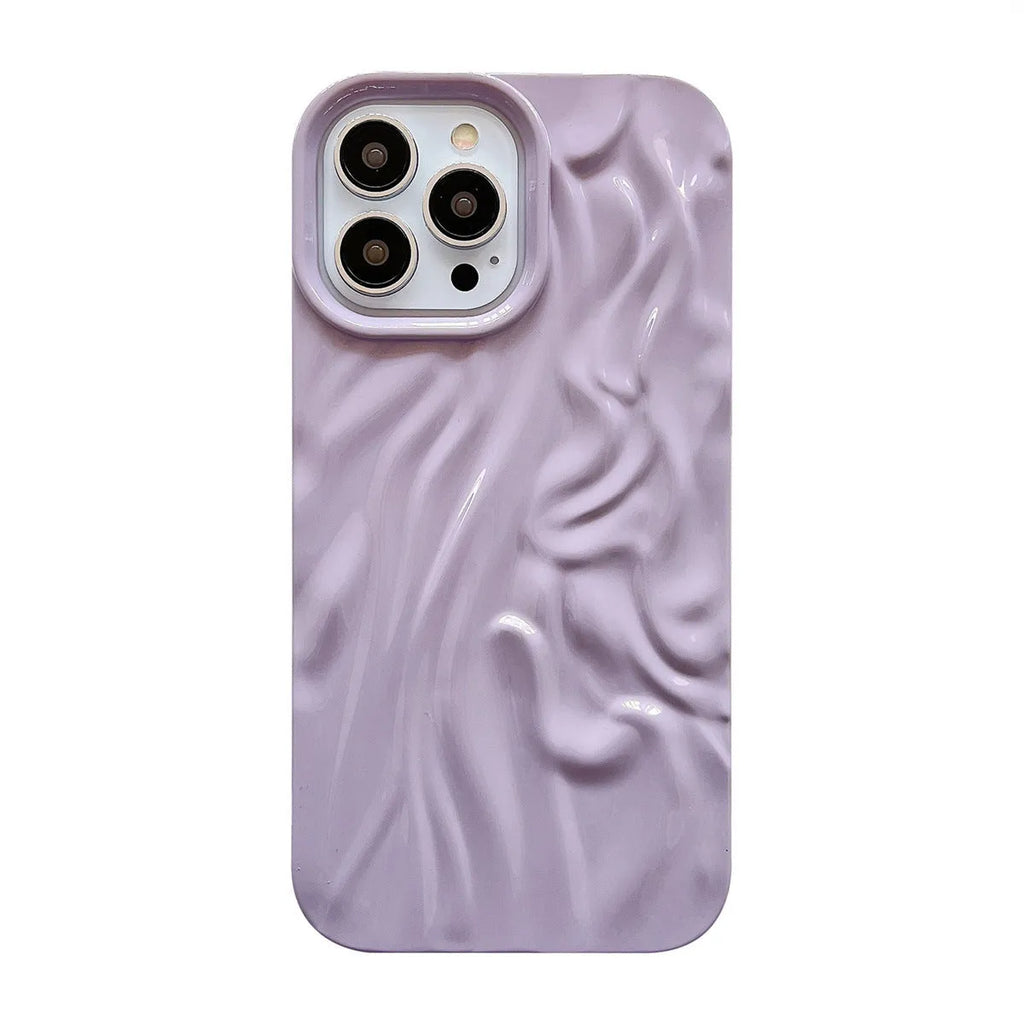 Solid colour water ripple texture silicone phone case for iPhone, shown in milky white, pink, and purple colour options.