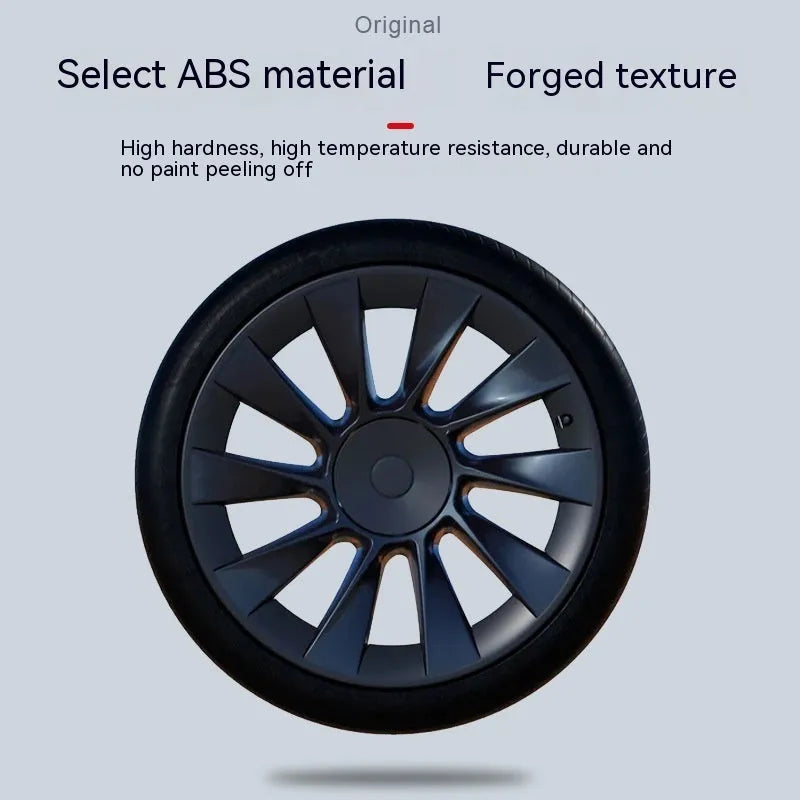 Set of sectional plastic wheel hub covers for Tesla Model Y in black, white, red, and carbon fibre pattern options.