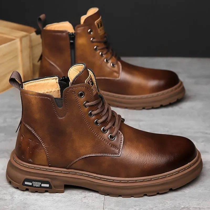 Men's black Martin boots with thick rubber soles and lace-up front, showing round toe and calf-height design