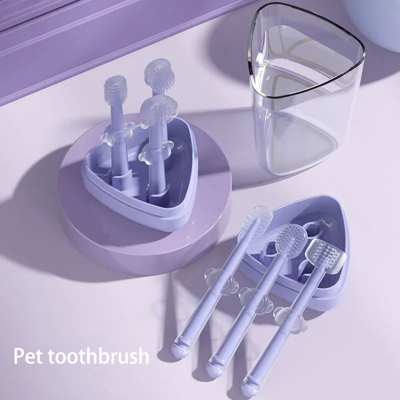 Purple silicone pet toothbrush for dogs and cats with soft bristles for dental cleaning