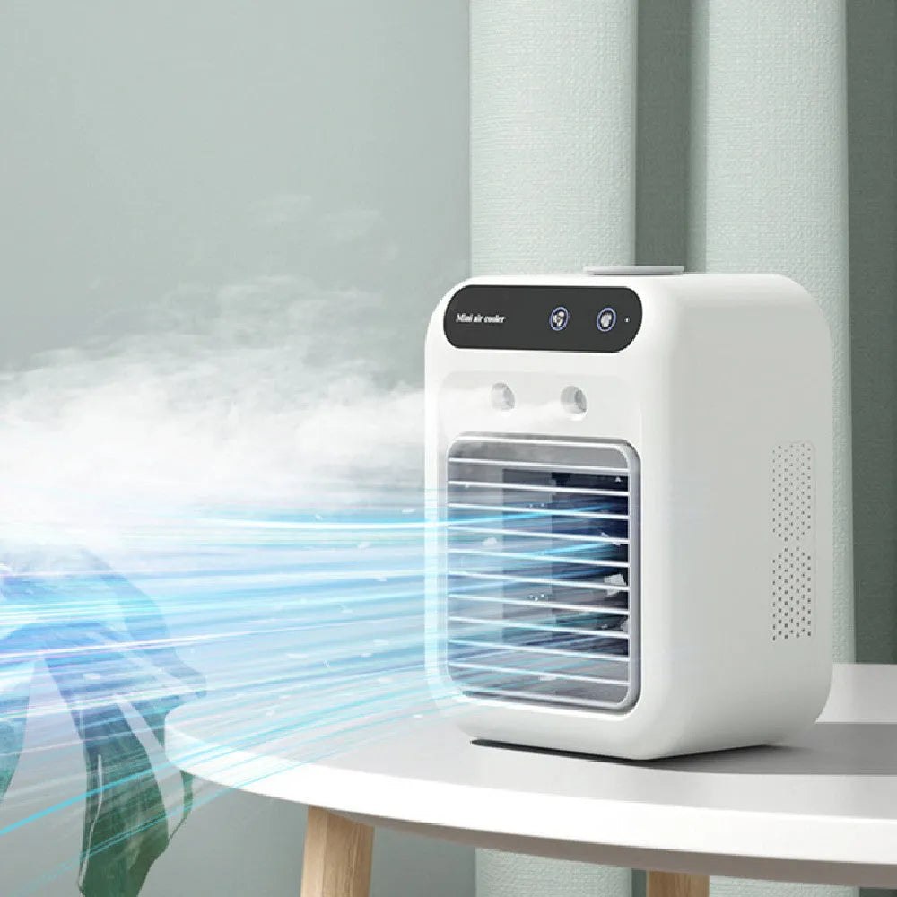Ivory white portable USB air cooler fan with digital touchscreen display and water tank for room or car use