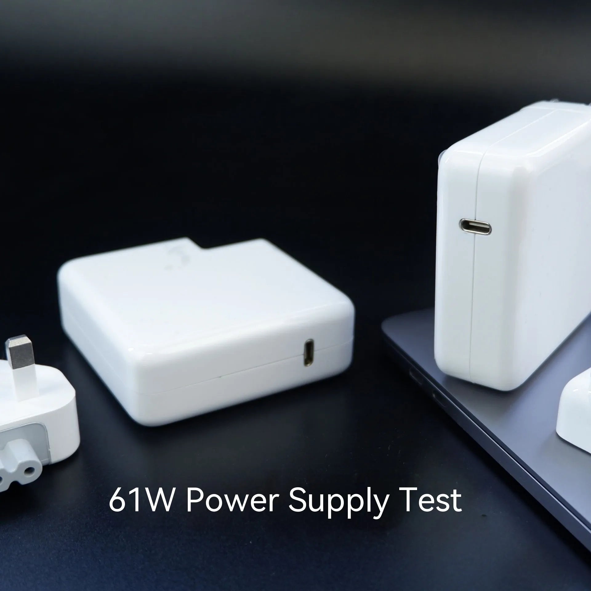 61W wireless laptop charger with international plug options in compact 7x7x3cm size