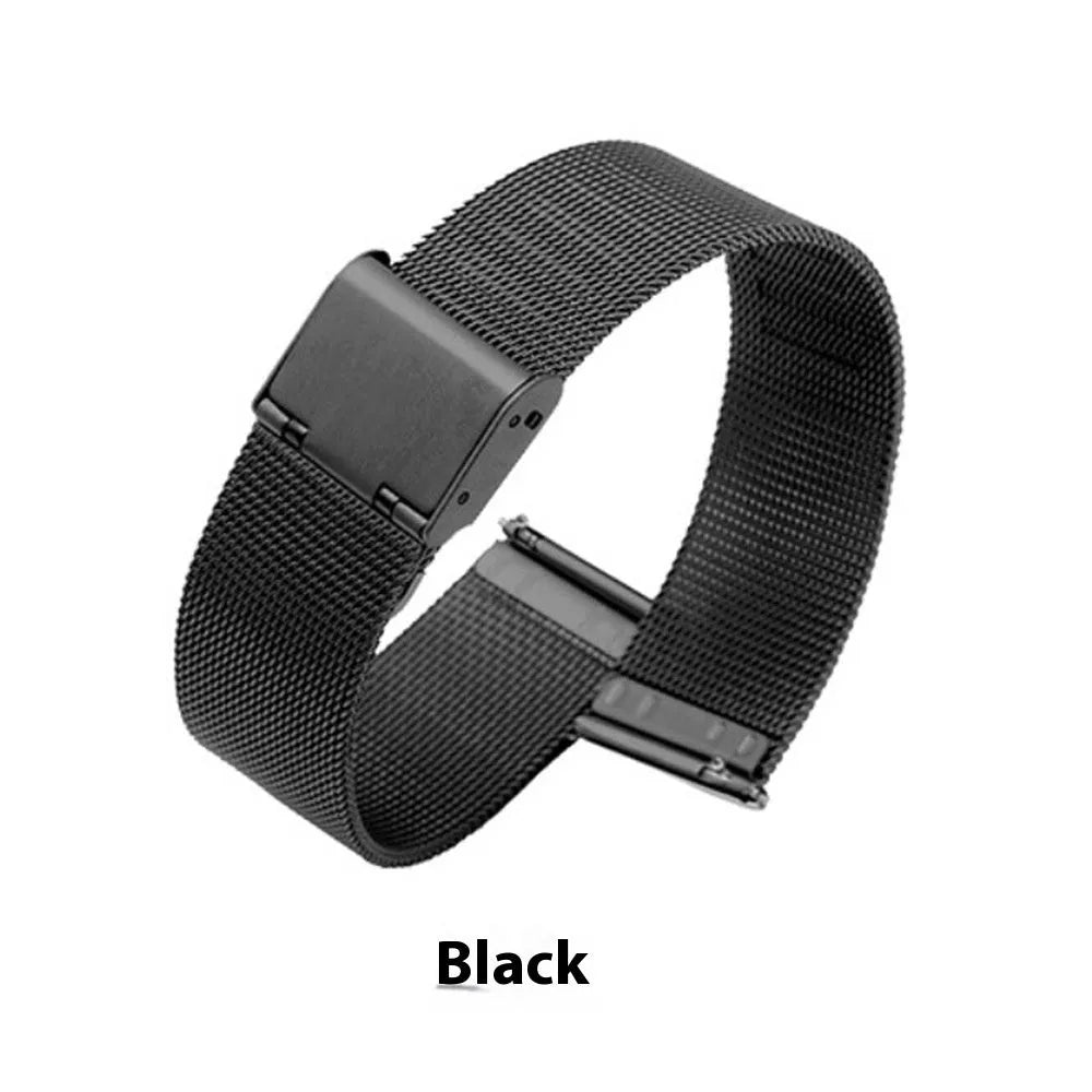 Milani silk and stainless steel woven watch band in silver, black, rose gold, and gold colour options.