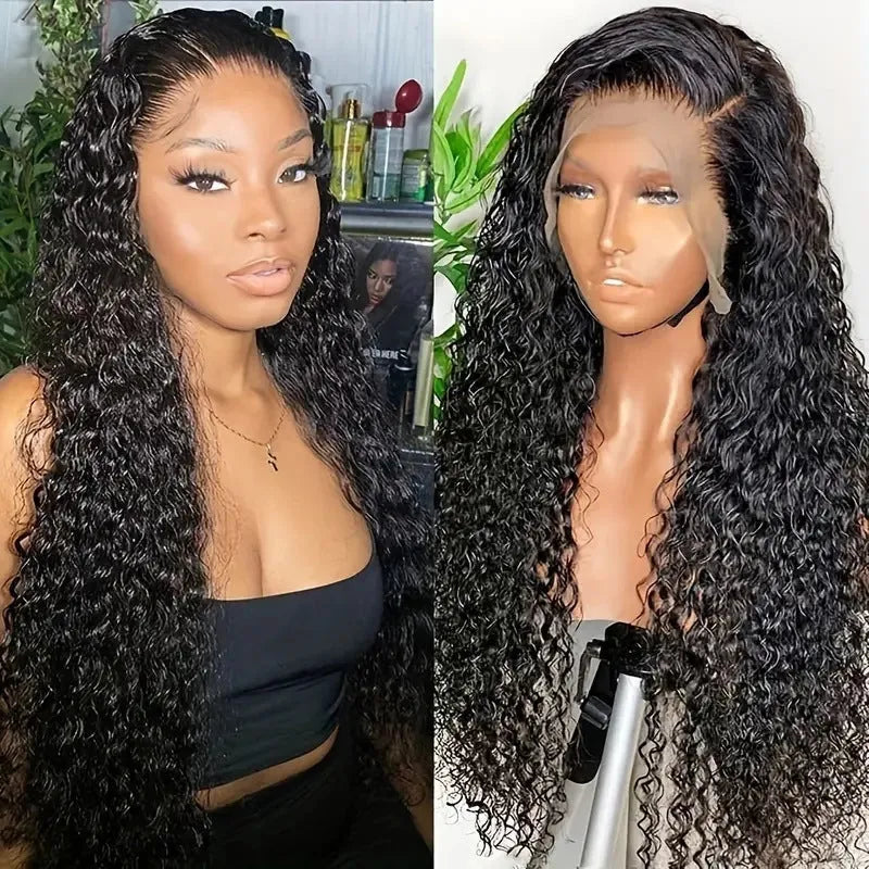 Front lace synthetic wig in black with long curly hair and side bangs, natural look