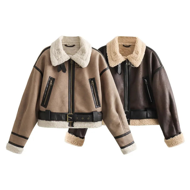 Women's long sleeve lamb wool splicing PU coat in khaki and brown, with zipper front, Japanese Korean casual unisex style
