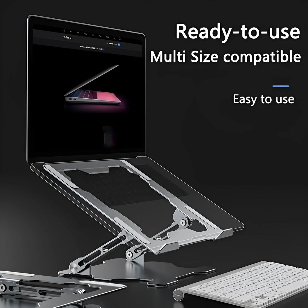 Grey portable aluminum laptop stand with adjustable angle, shown holding a silver laptop.
