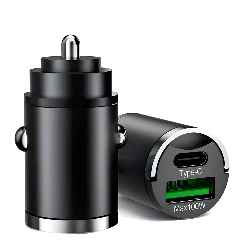Black metal car charger with pull-tab design for 100W USB fast charging in vehicles