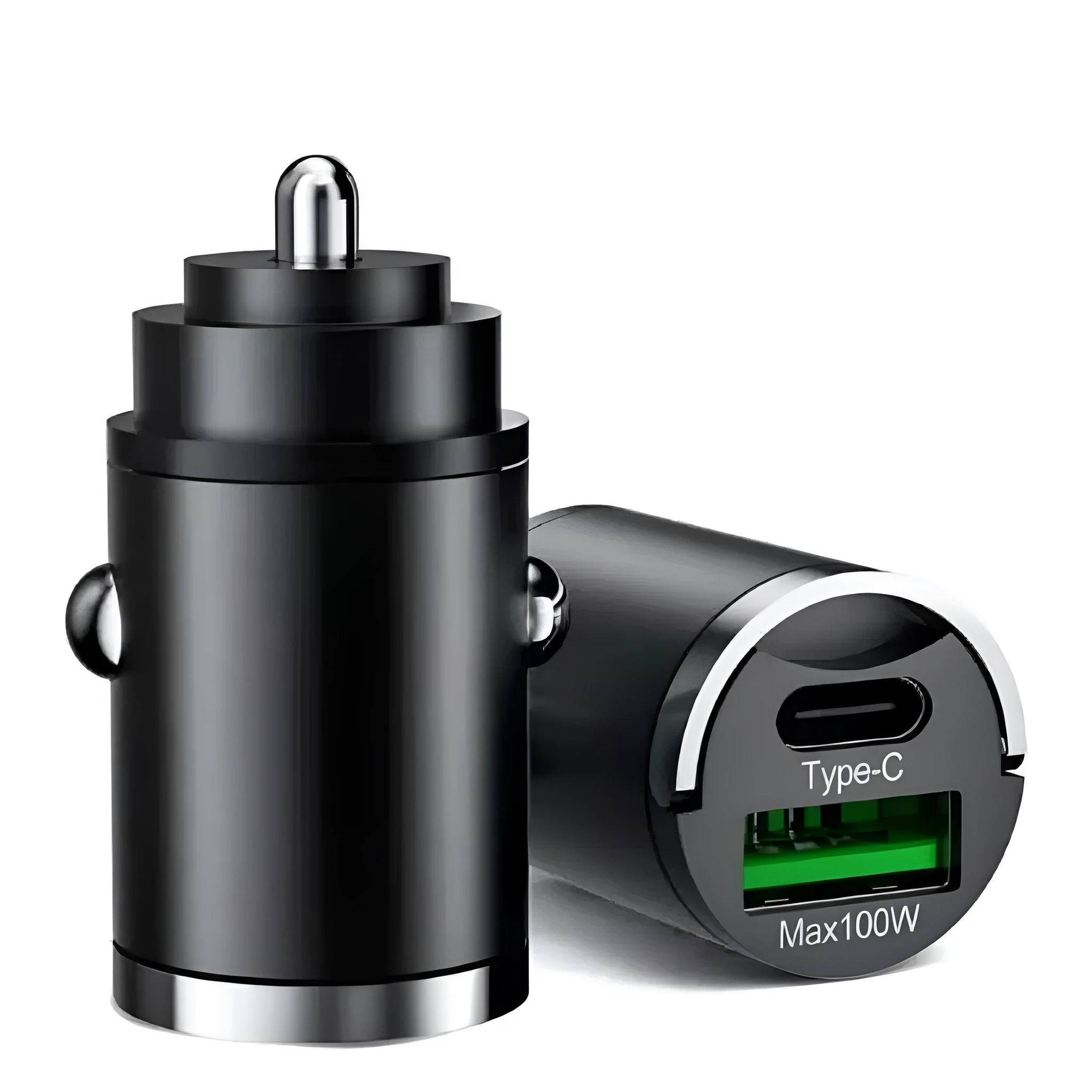 Black metal car charger with pull-tab design for 100W USB fast charging in vehicles