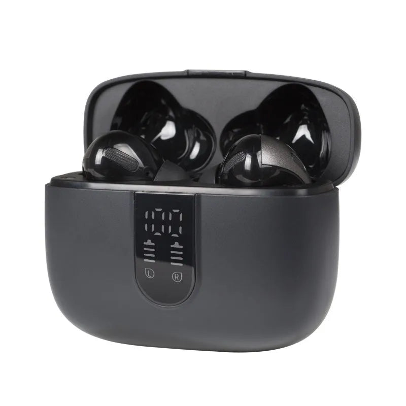 Jerry X08 wireless Bluetooth headset with digital display on earpiece and charging case