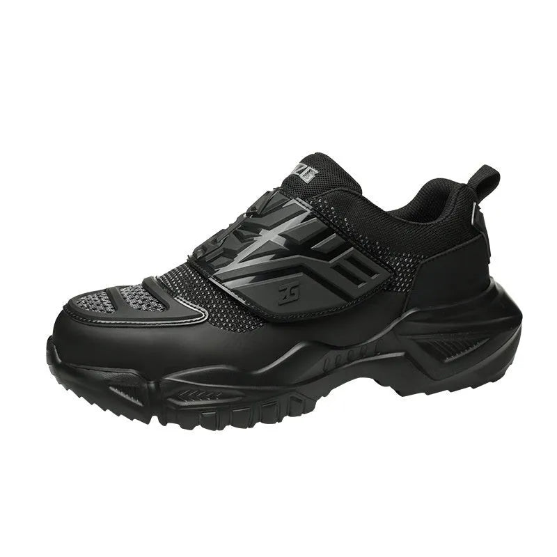 Black safety shoes with steel toe cap, felt buckle closure and anti-puncture sole for workplace protection