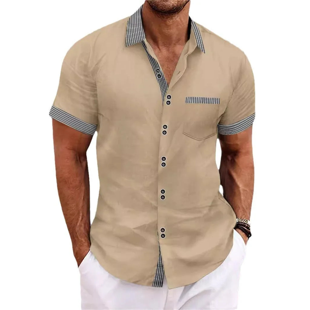 Slim fit striped casual shirt in pure cotton with double button short sleeves