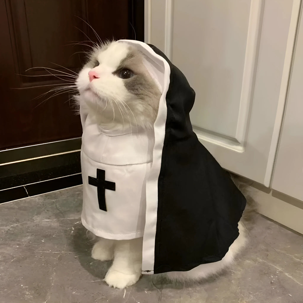 Black and white nun costume cloak on a small dog, showing the pullover design.