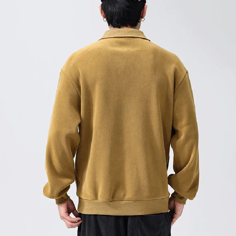 Men's fleece half-zip hoodie in Haze Green, long sleeve winter top with hood and full zip front