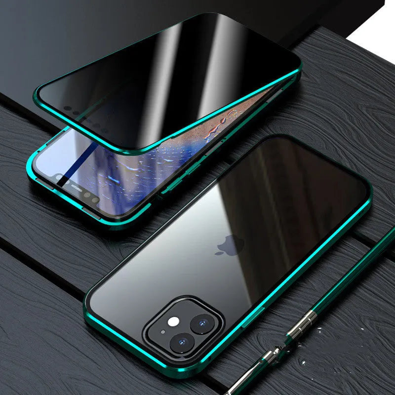 Magnetic privacy glass phone case for iPhone in black, showing anti-spy screen and metal frame.