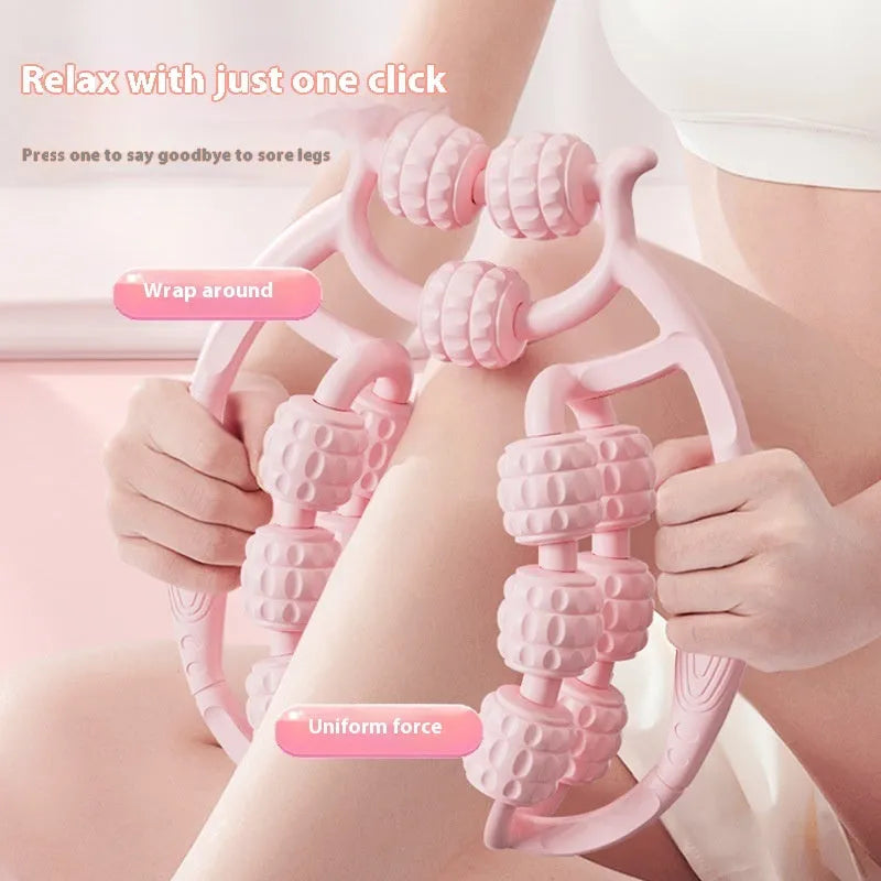 Ring clip leg massage roller with double-row wheels in coral pink colour for muscle relaxation