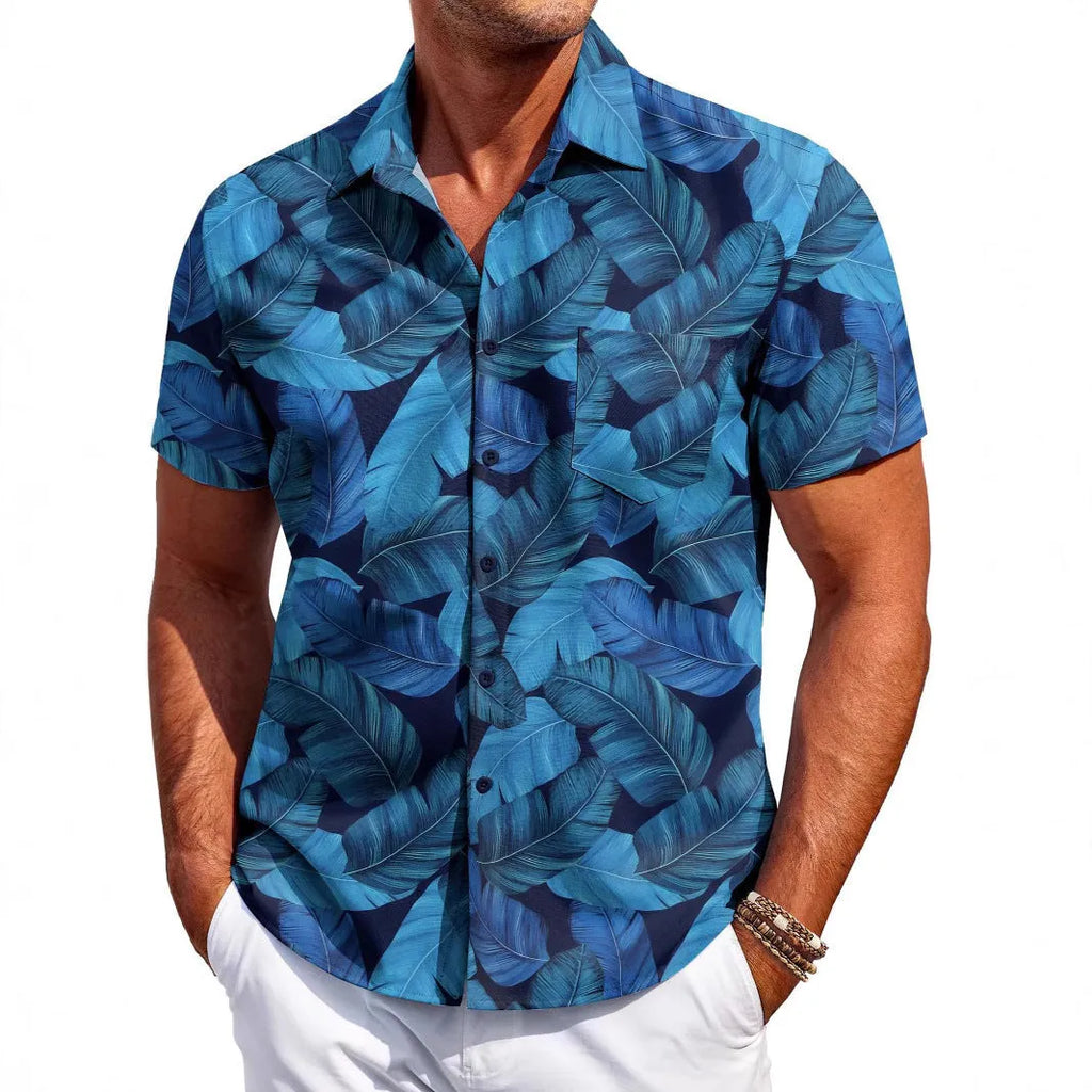 Men's slim fit short sleeve Hawaiian shirt in a cardigan style on a hanger.