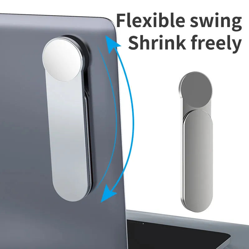 Silver aluminum alloy dual screen extension bracket with magnetic phone holder on desktop