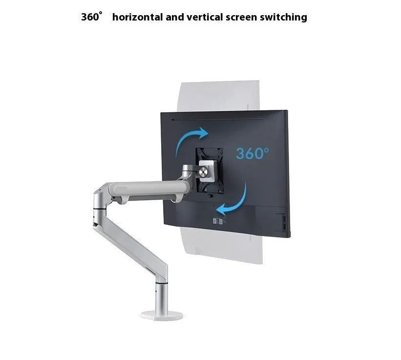 Silver aluminium free-standing laptop stand with extended telescopic arm holding a notebook.