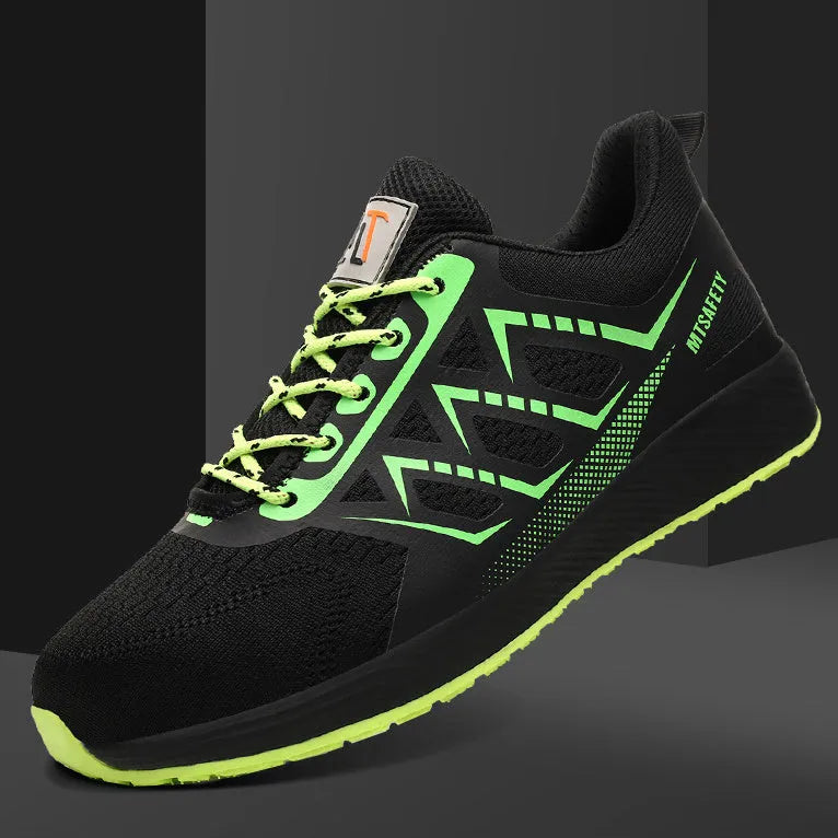 Black ultra-light labour protection shoes with steel toe caps and anti-penetration soles, lace-up closure