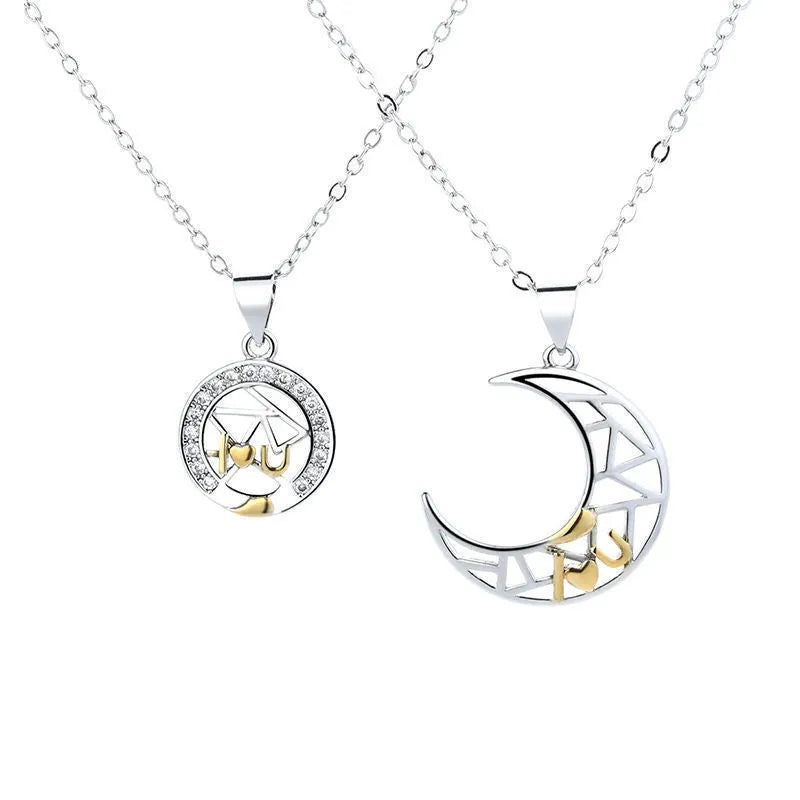 Sun and moon copper necklace set with electroplated finish and cross chain