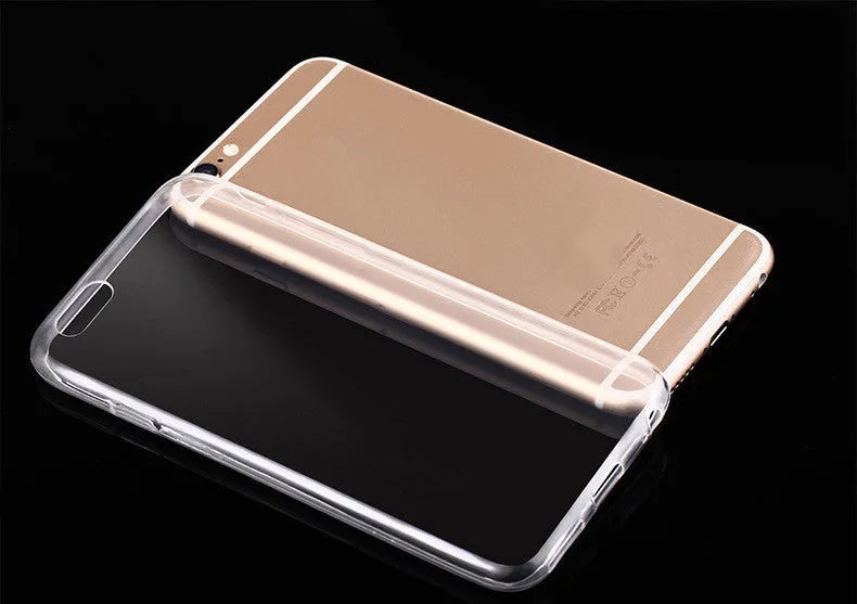 Transparent soft TPU case on an iPhone, showing the phone's screen and colour through the clear material.