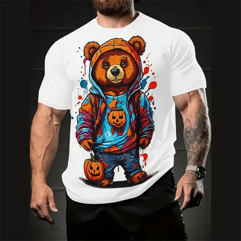 Men's casual short sleeve shirt with 3D cartoon print in milk silk fabric, loose fit for summer