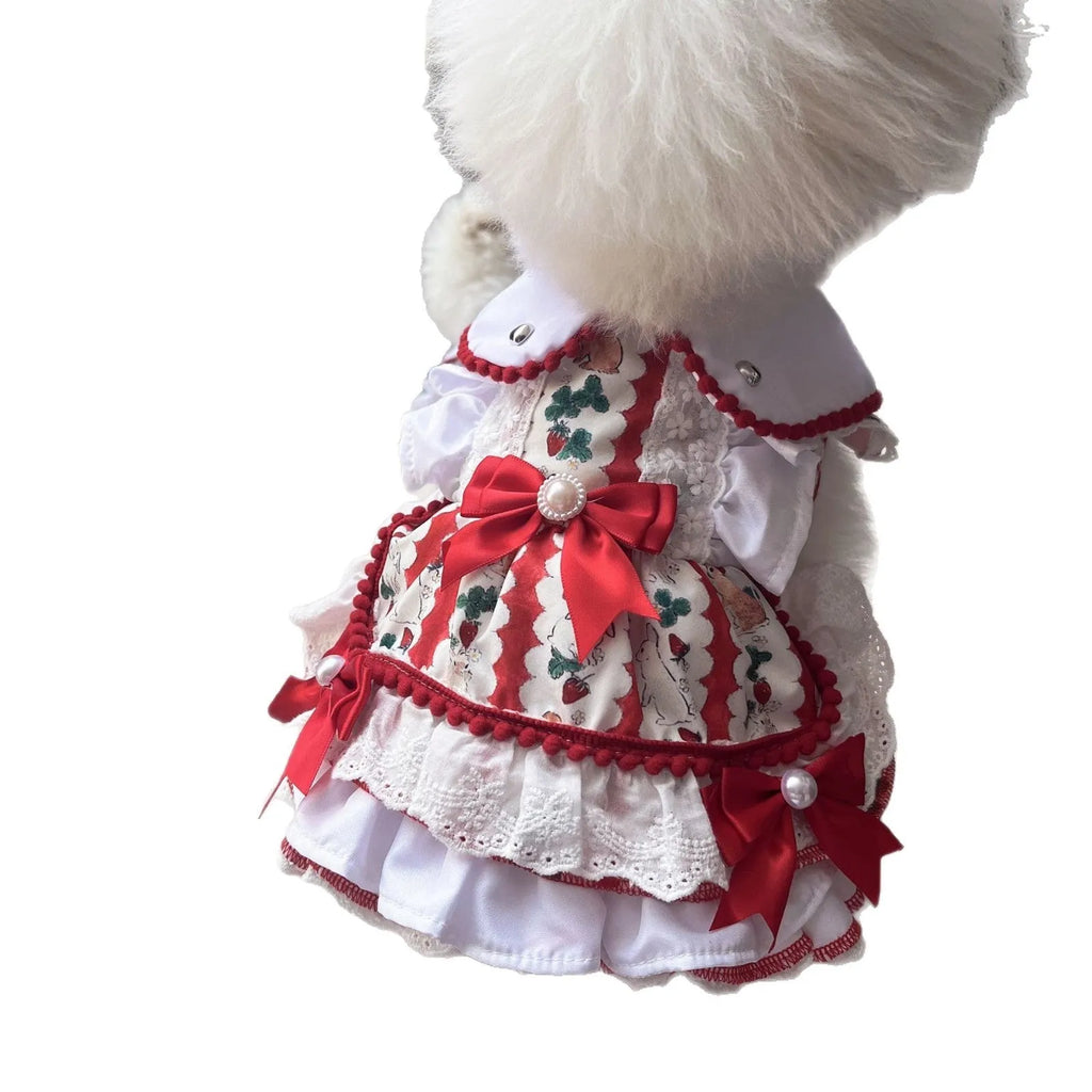 Small white dog wearing a rabbit skirt-style princess dress, showcasing the fit and lightweight polyester material.