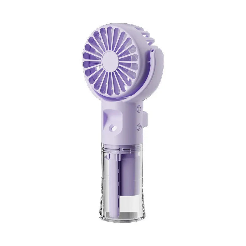 Handheld portable mist fan showing transparent water tank and multiple colour options