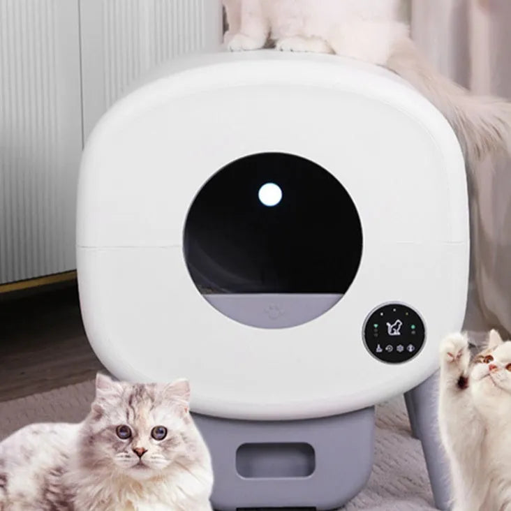 Grey automatic self-cleaning cat litter box with sealed waste drawer, placed on a hardwood floor.