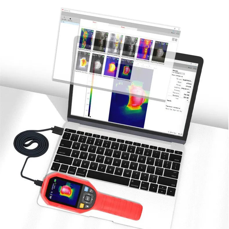 UTi series handheld infrared thermal imager with screen display on a workbench.