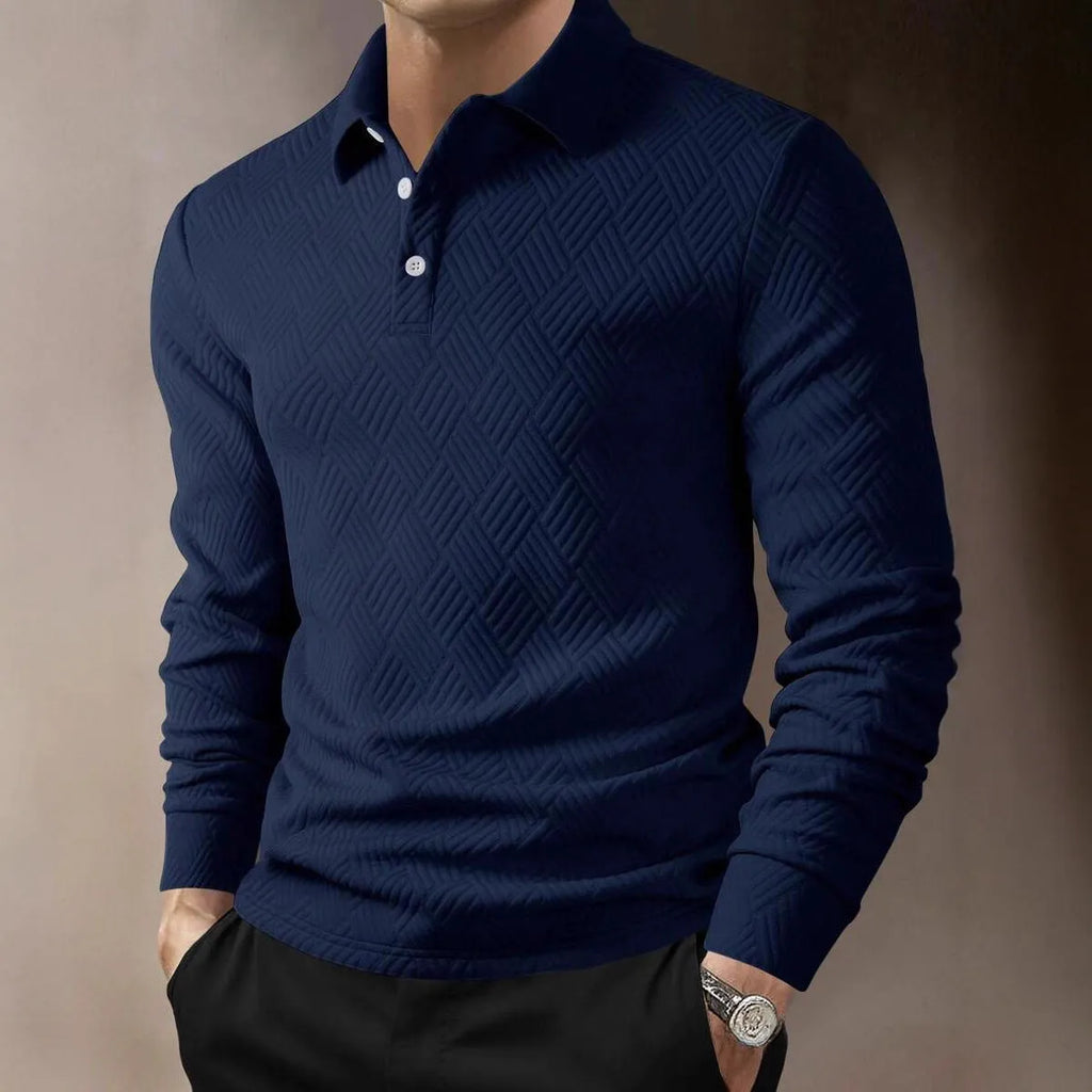 Men's solid colour long sleeve polo shirt with lapel collar in black, loose fit polyester fabric
