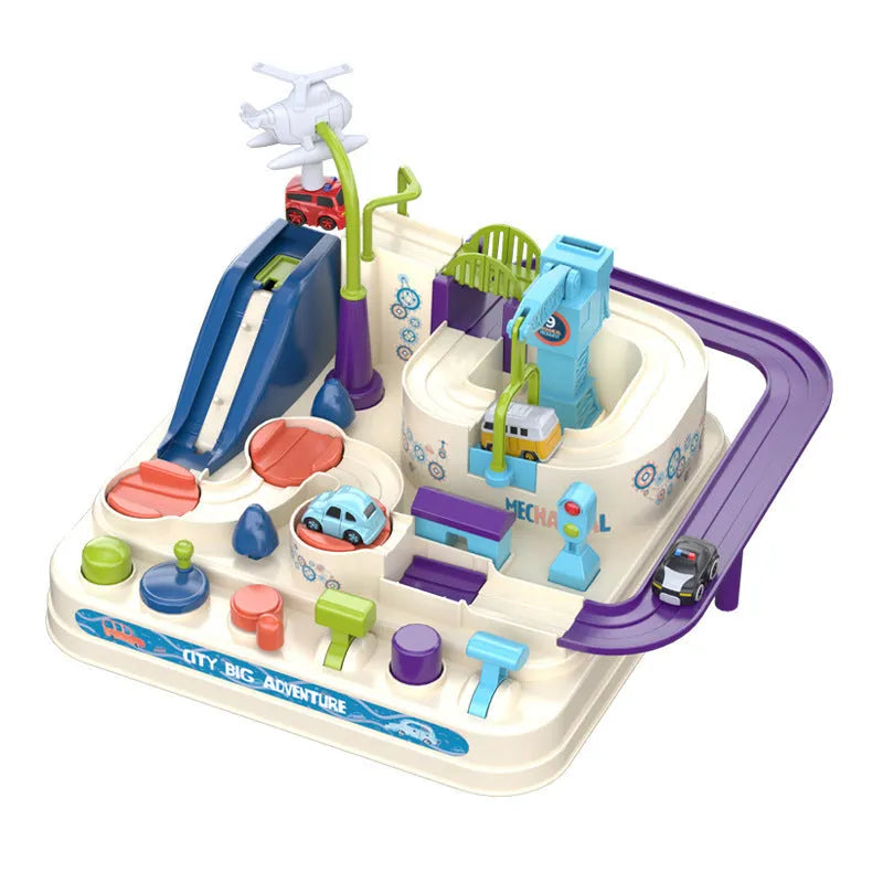 Big Adventure plastic toy set with multi-level parking garage, car tracks, and toy vehicles laid out for play.