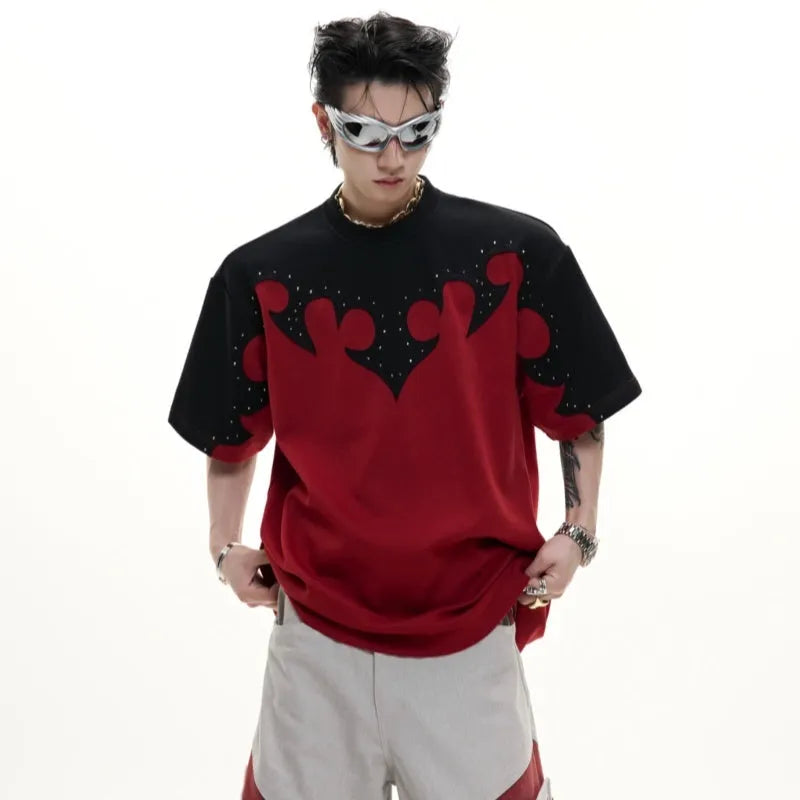 Men's loose grey cotton T-shirt with detailed 3D burnt-flower embroidery and rhinestone decoration on the chest