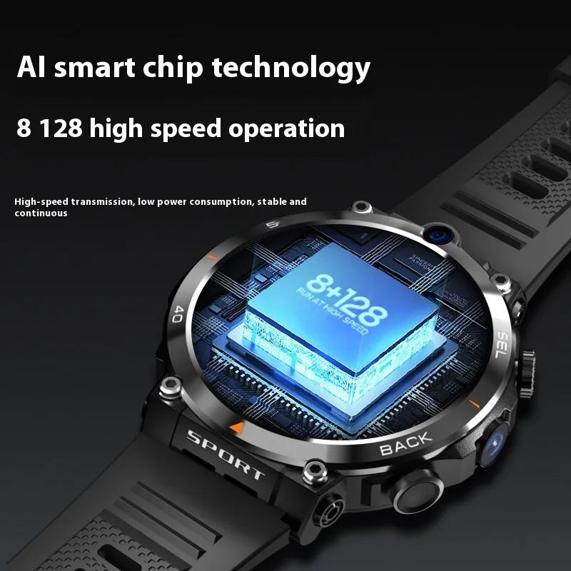 Sports smartwatch with dual cameras on a wrist, showing TFT touch screen display.