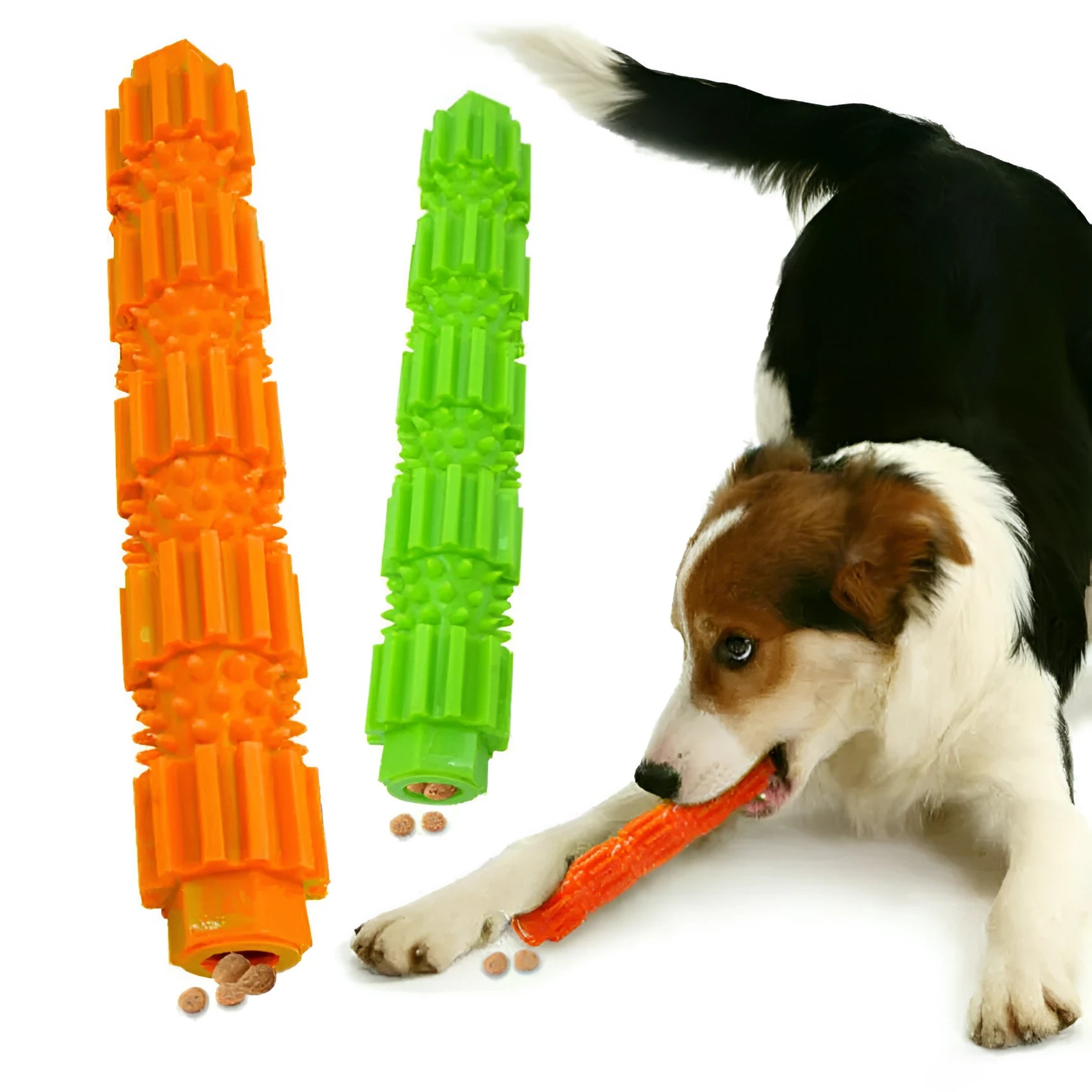 Green natural rubber dog chew toy with textured surface and hollow centre for treats.