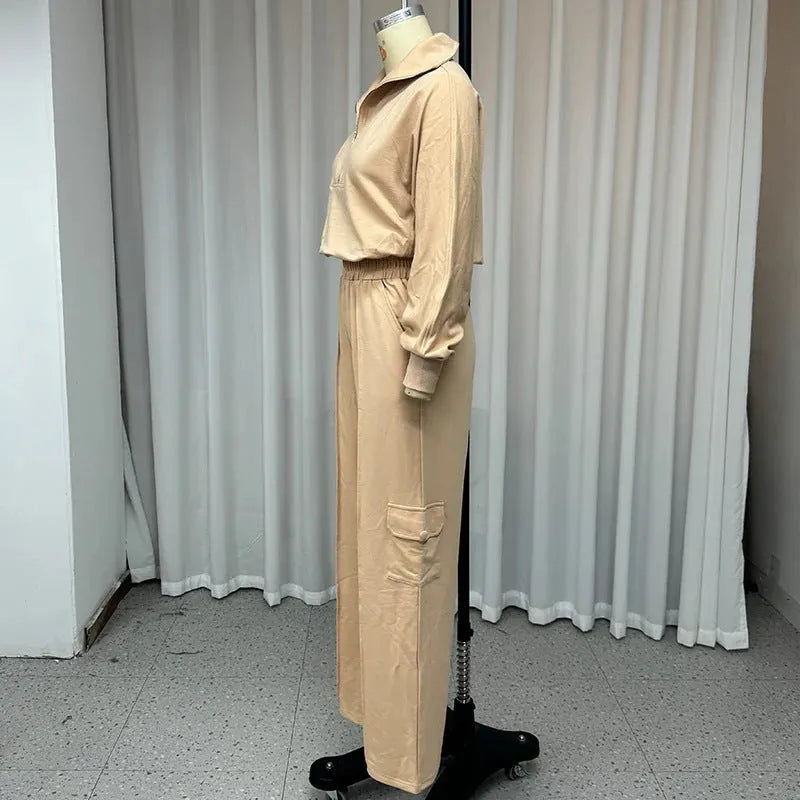 Women's light camel polyester two-piece workwear set with lapel top and wide-leg trousers