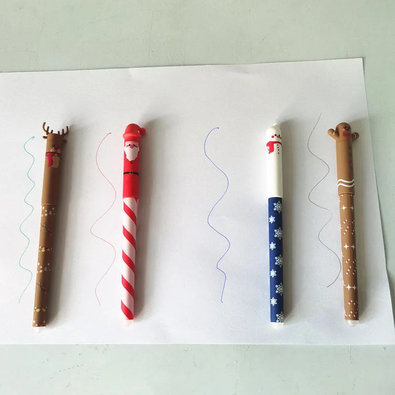 Set of 4 Christmas-themed erasable gel pens with 0.5mm fine tip in red, black, green, and blue